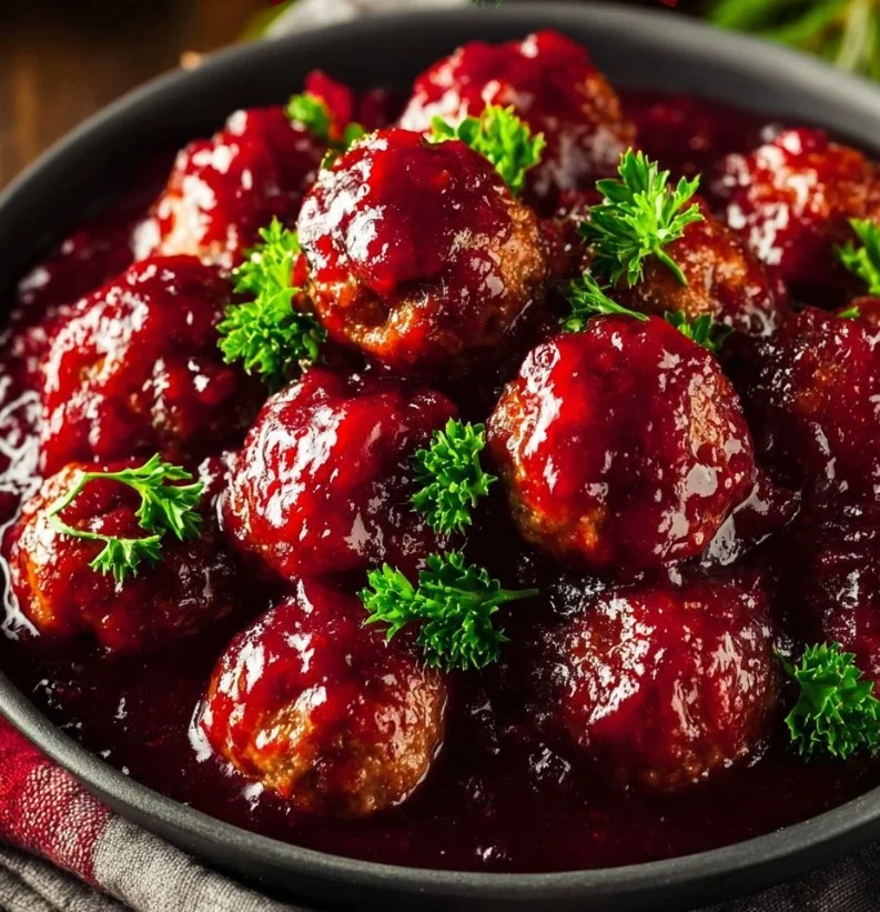 Albóndigas de arándano servidas en una mesa navideña