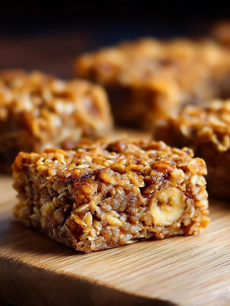 Barras de avena con plátano recién horneadas en un plato.