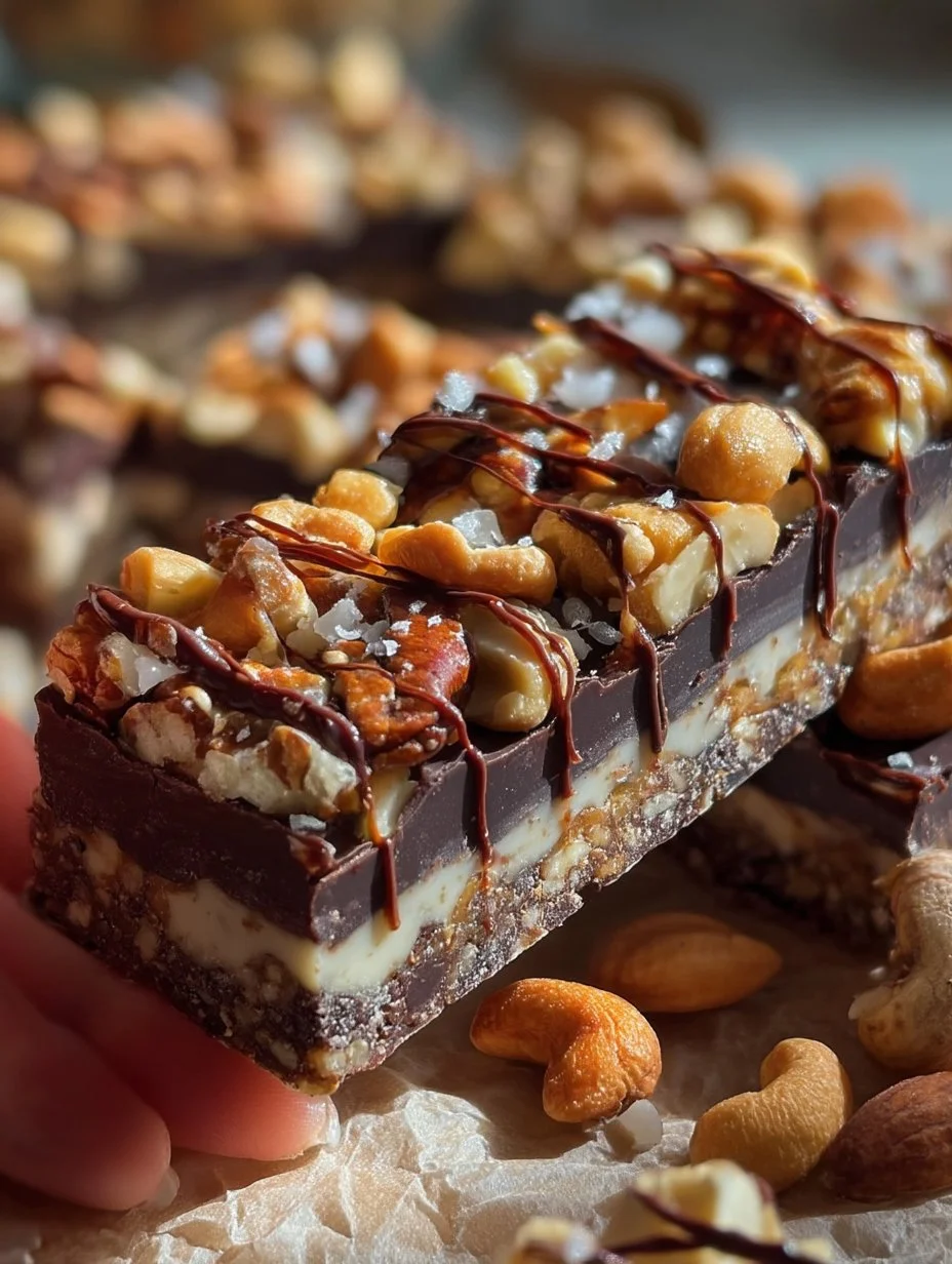 Barras de frutos secos cubiertas con chocolate negro y sal marina