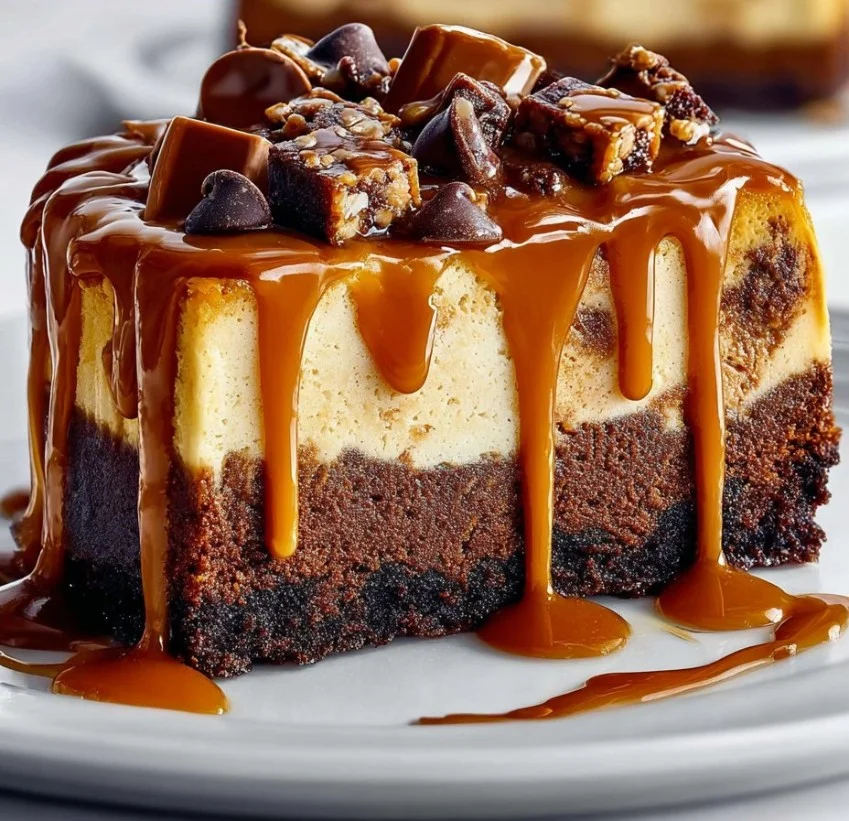 Cheesecake de brownie con caramelo en un plato decorativo.