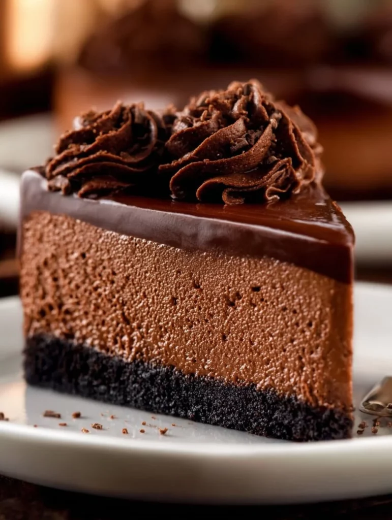 Cheesecake de chocolate cremoso sin hornear decorado con chocolate y fresas