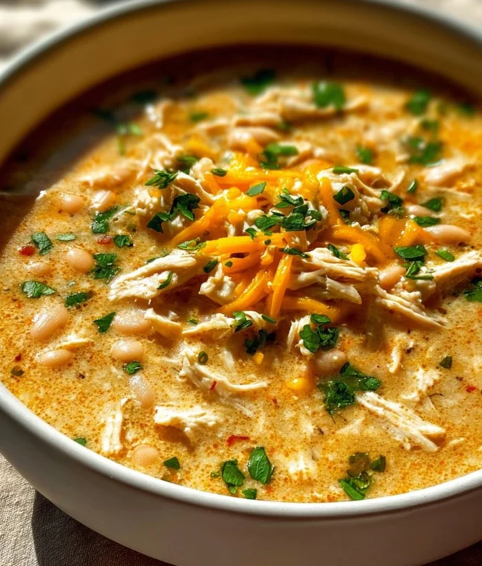 Plato de Chili de Pollo Blanco Saludable con ingredientes frescos