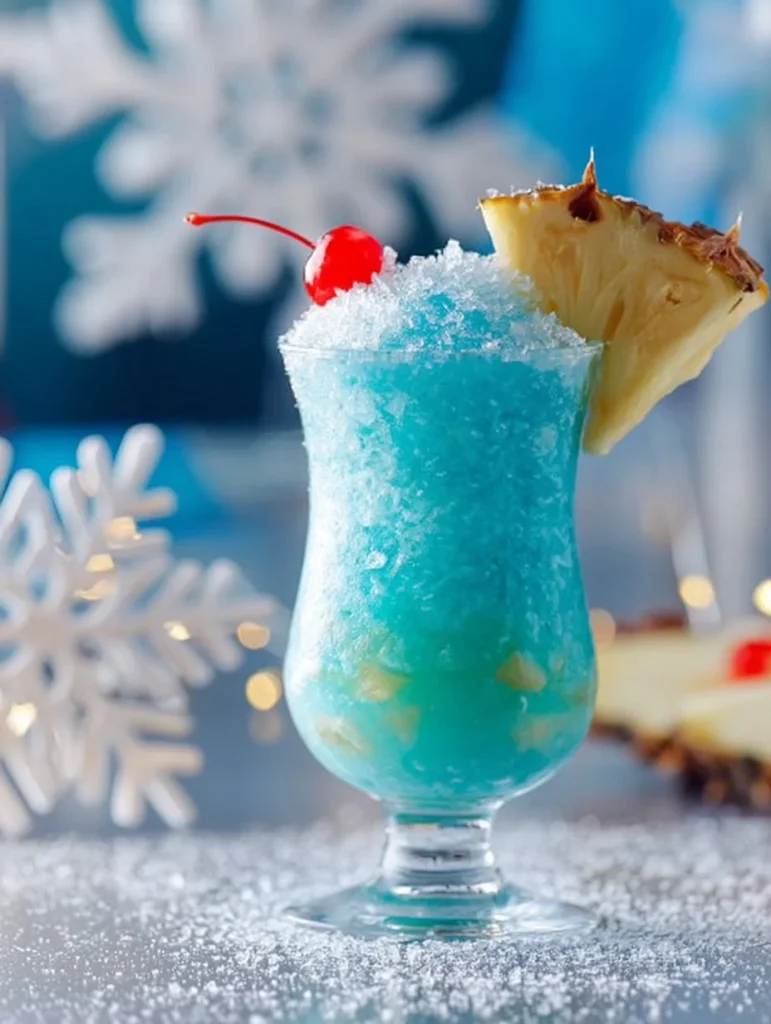 Cóctel Jack Frost con hielo y decoraciones invernales