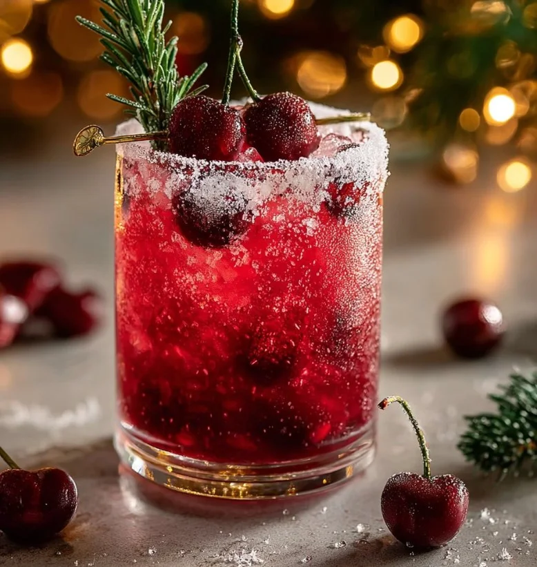 Cóctel sin alcohol de cereza navideño servido en una copa elegante