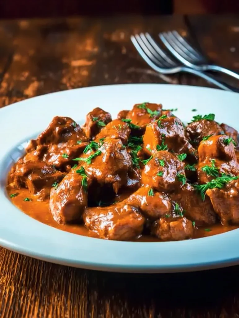 Mollejas de pollo en salsa servidas en un plato con guarnición.