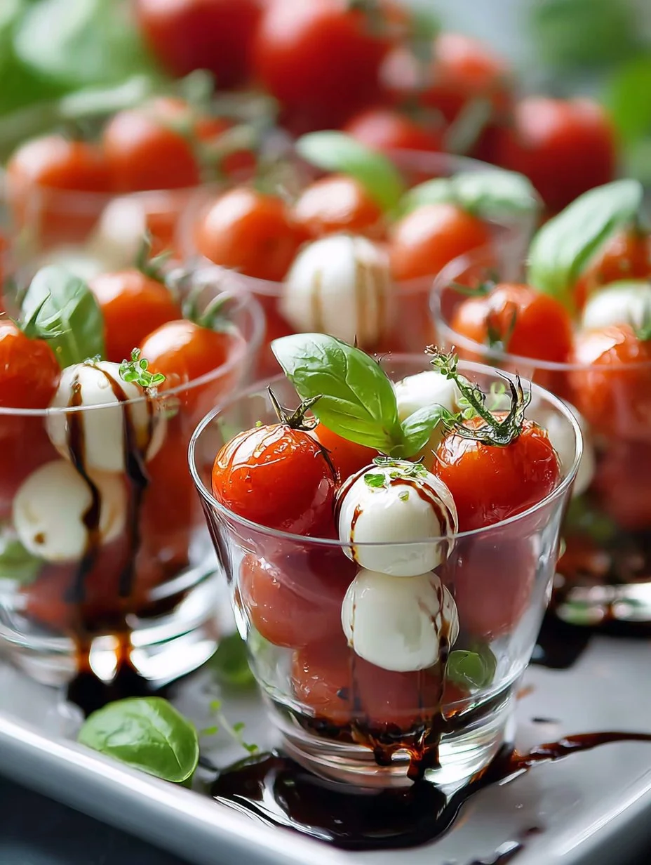 Copas navideñas de ensalada caprese miniatura con tomate, mozzarella y albahaca.
