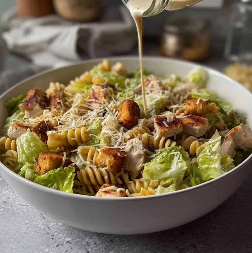 Ensalada de pasta César con pollo fresca y colorida