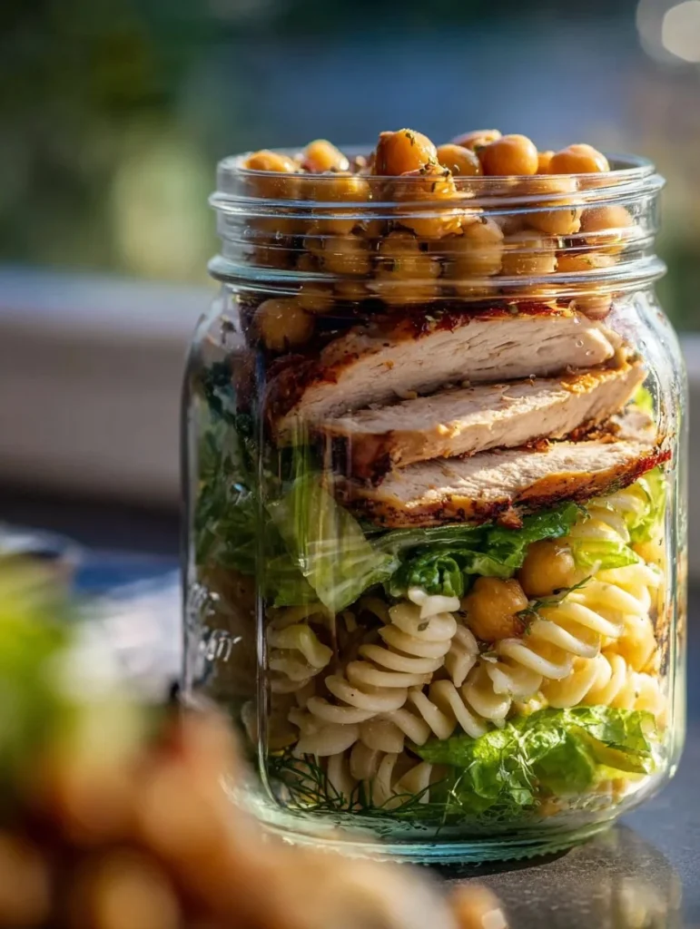 Ensalada de pasta con pollo a la parrilla y aderezo César en tarros