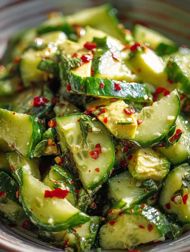 Ensalada de pepino y aguacate fresca y colorida en un tazón