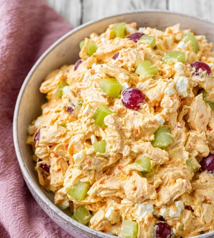 Ensalada de pollo a la rotisserie con queso cottage fresca y colorida.