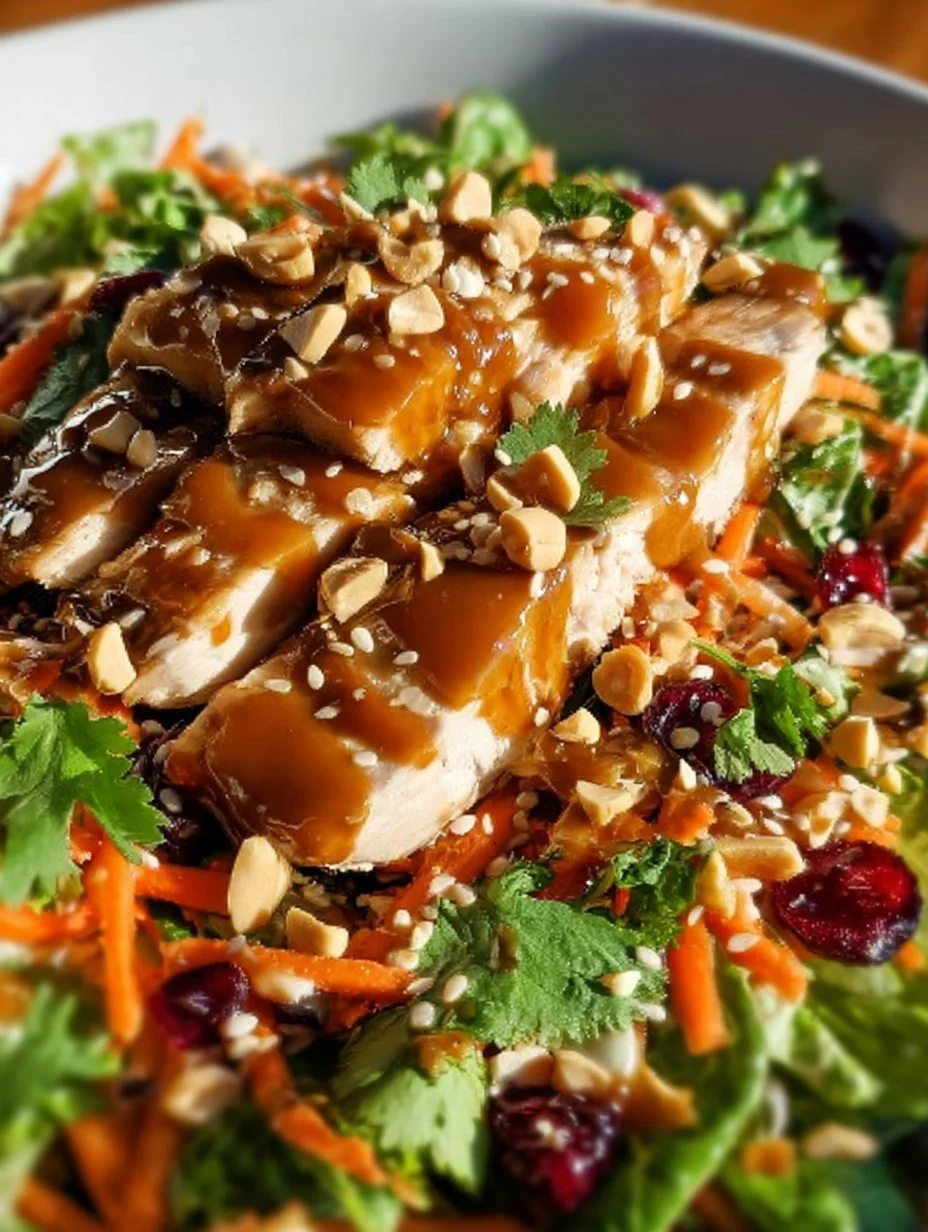 Ensalada de pollo asiático con arándanos y vegetales frescos en un plato colorido