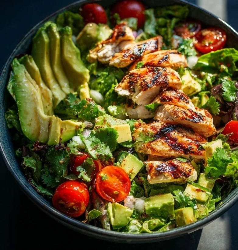 Ensalada de pollo con aguacate presentada en un plato colorido