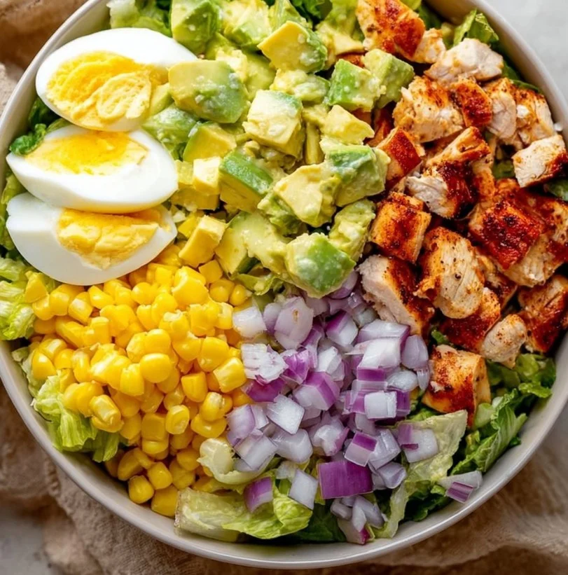 Ensalada de Pollo con Aguacate y Huevo en un plato fresco y colorido