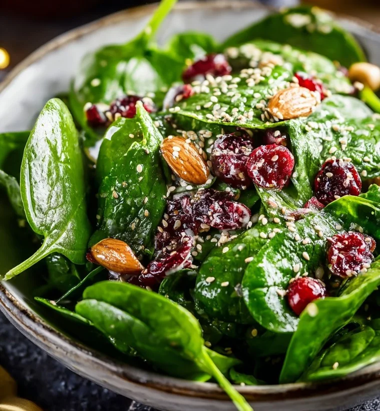 Ensalada festiva de espinaca y arándano decorada con nueces y queso feta