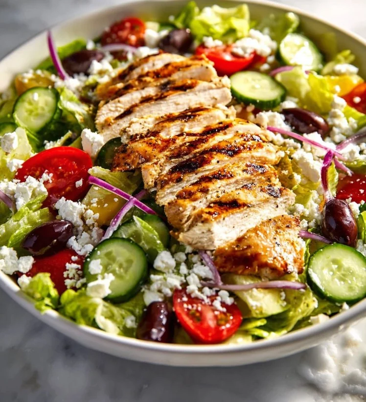 Ensalada Griega saludable con pollo, tomates, aceitunas y feta