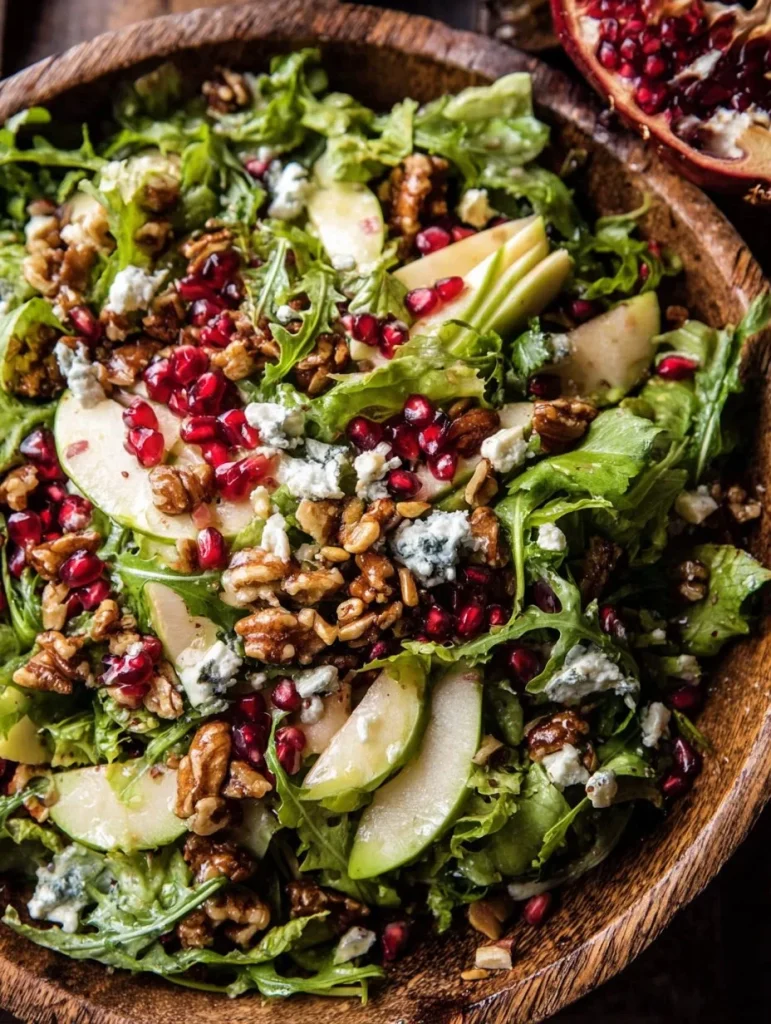 Ensalada navideña con aderezo de mostaza y miel decorada en un plato festivo