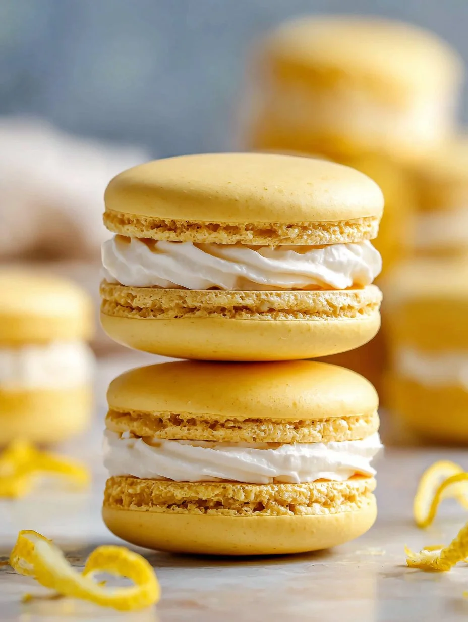 Macarons de pastel de limón merengue, dulces y creativos postres