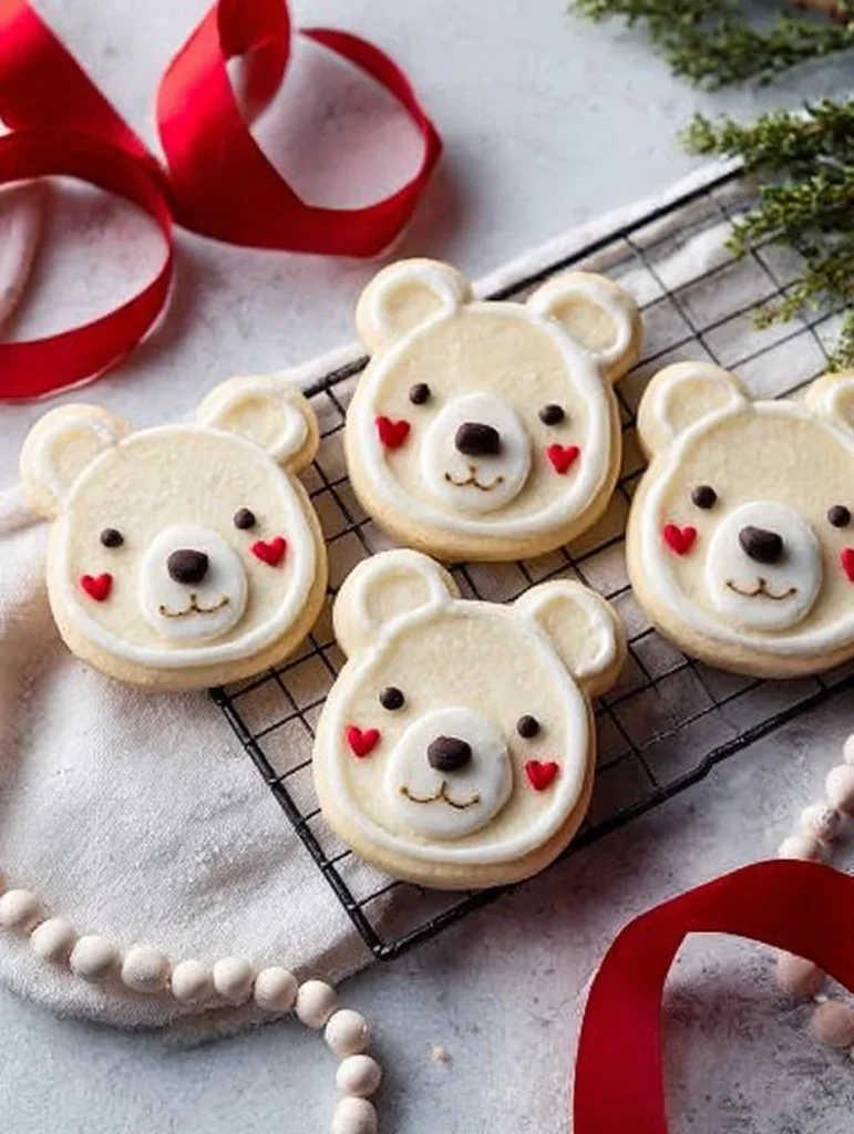 Galletas de oso polar decoradas con glaseado blanco y ojos de chocolate.