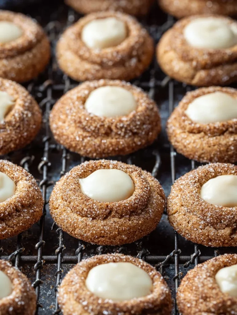 Galletas de pulgar de snickerdoodle con eggnog en un plato decorativo.