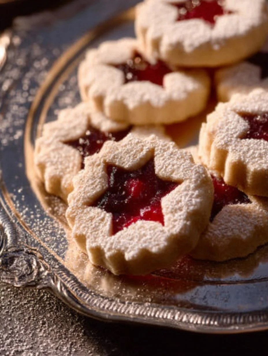 Galletas Linzer de mantequilla con mermelada de frambuesa, un postre delicioso