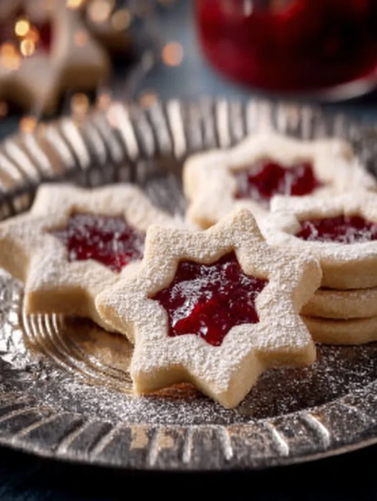 Galletas Linzer de mantequilla con mermelada de frambuesa sobre una mesa
