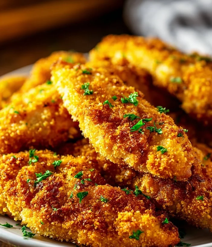 Tiras de pollo al horno caseras en un plato, doradas y crujientes