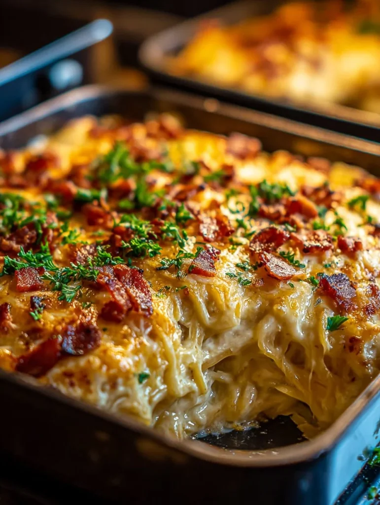 Plato de espagueti cremoso del sur recién horneado y servido en un plato.