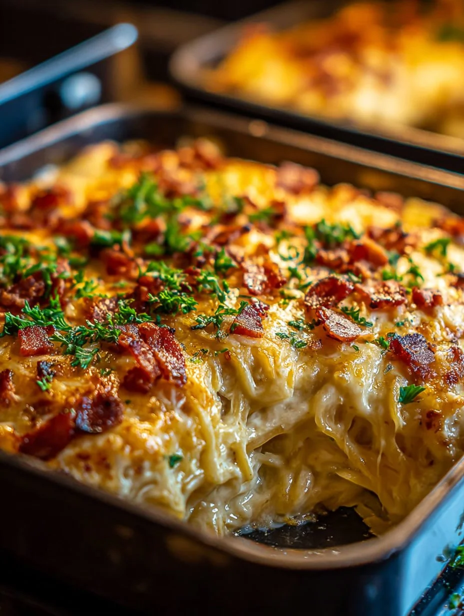 Plato de espagueti cremoso del sur recién horneado y servido en un plato.