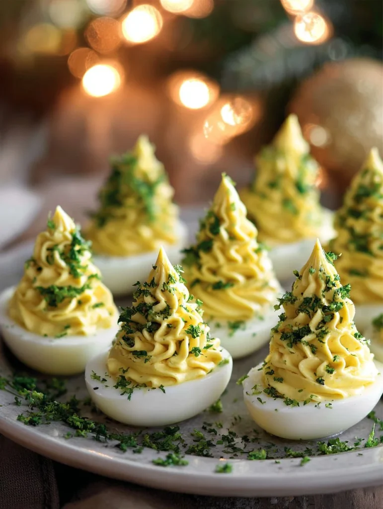 Huevos endiablados decorados como árboles de Navidad en un plato