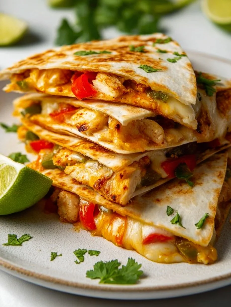 Quesadilla de fajitas de pollo recién hecha con ingredientes frescos
