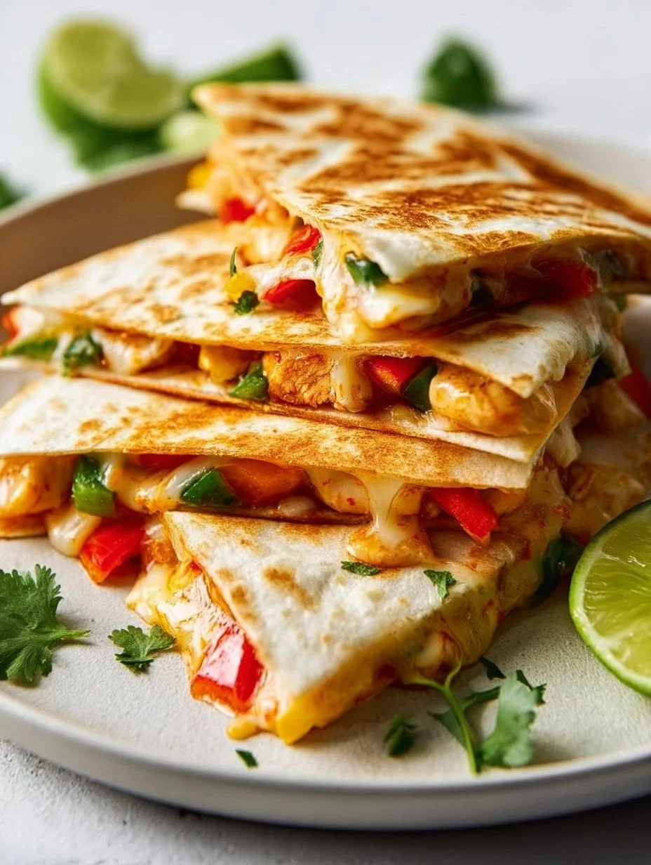 Deliciosa quesadilla de fajitas de pollo dorada y caliente