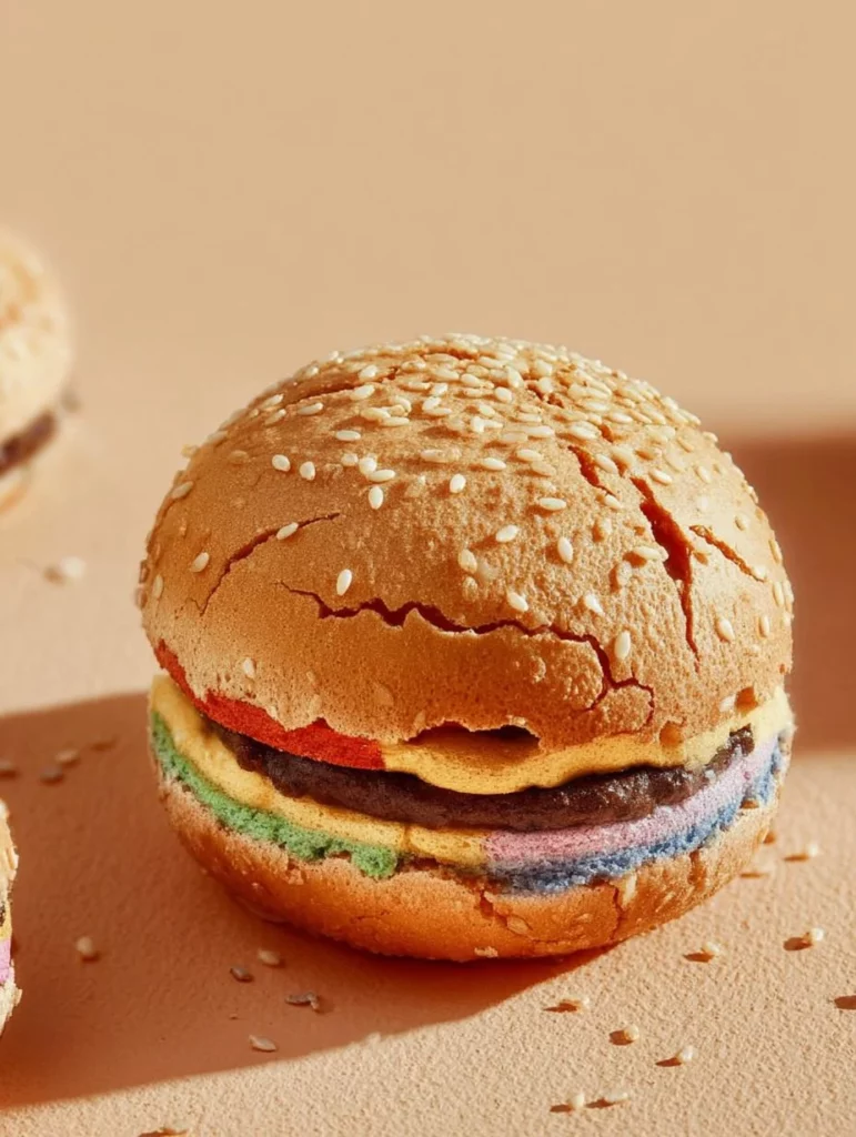 Macarons de hamburguesa coloridos y creativos en un plato