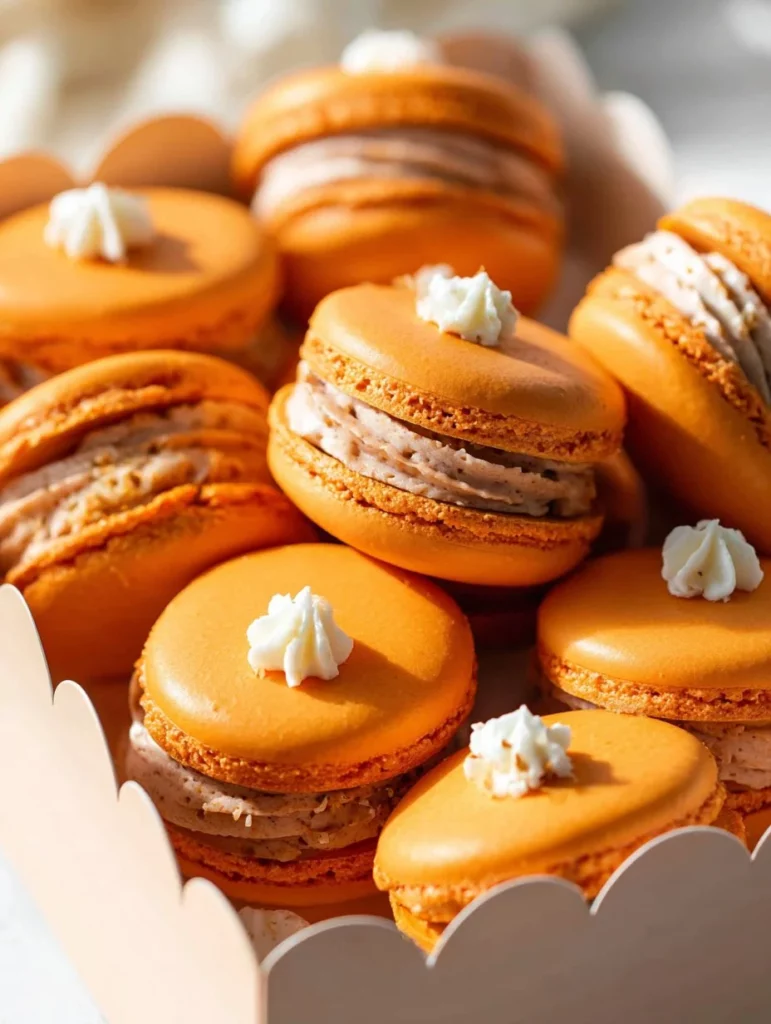 Macarons de tarta de calabaza decorados con crema y especias de otoño