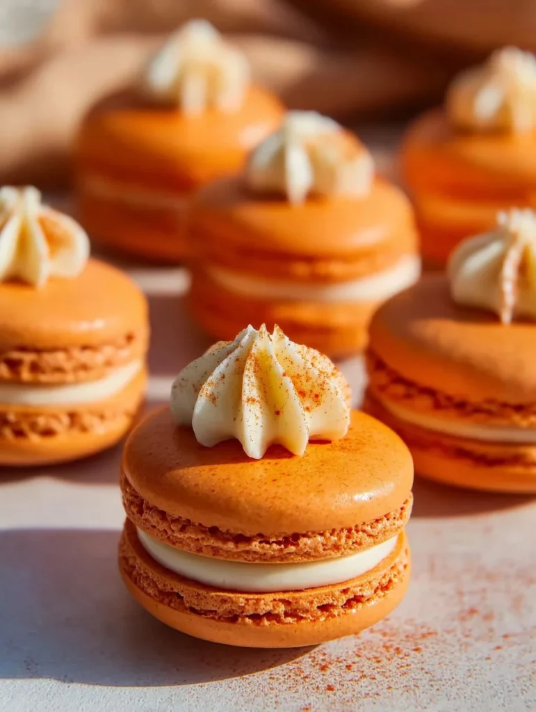 Macarons de tarta de calabaza decorados en un plato