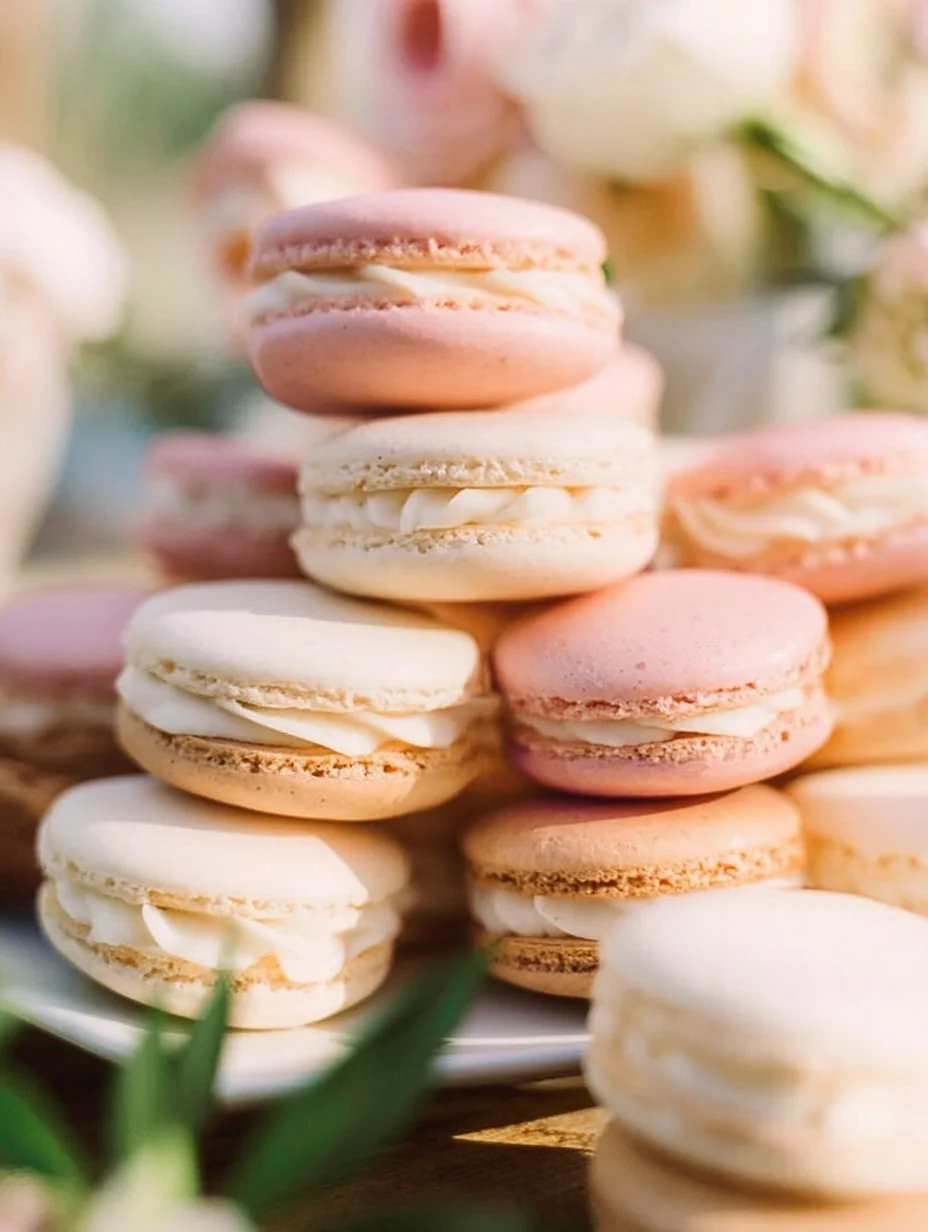 Deliciosos macarons de vainilla sobre una mesa elegante.