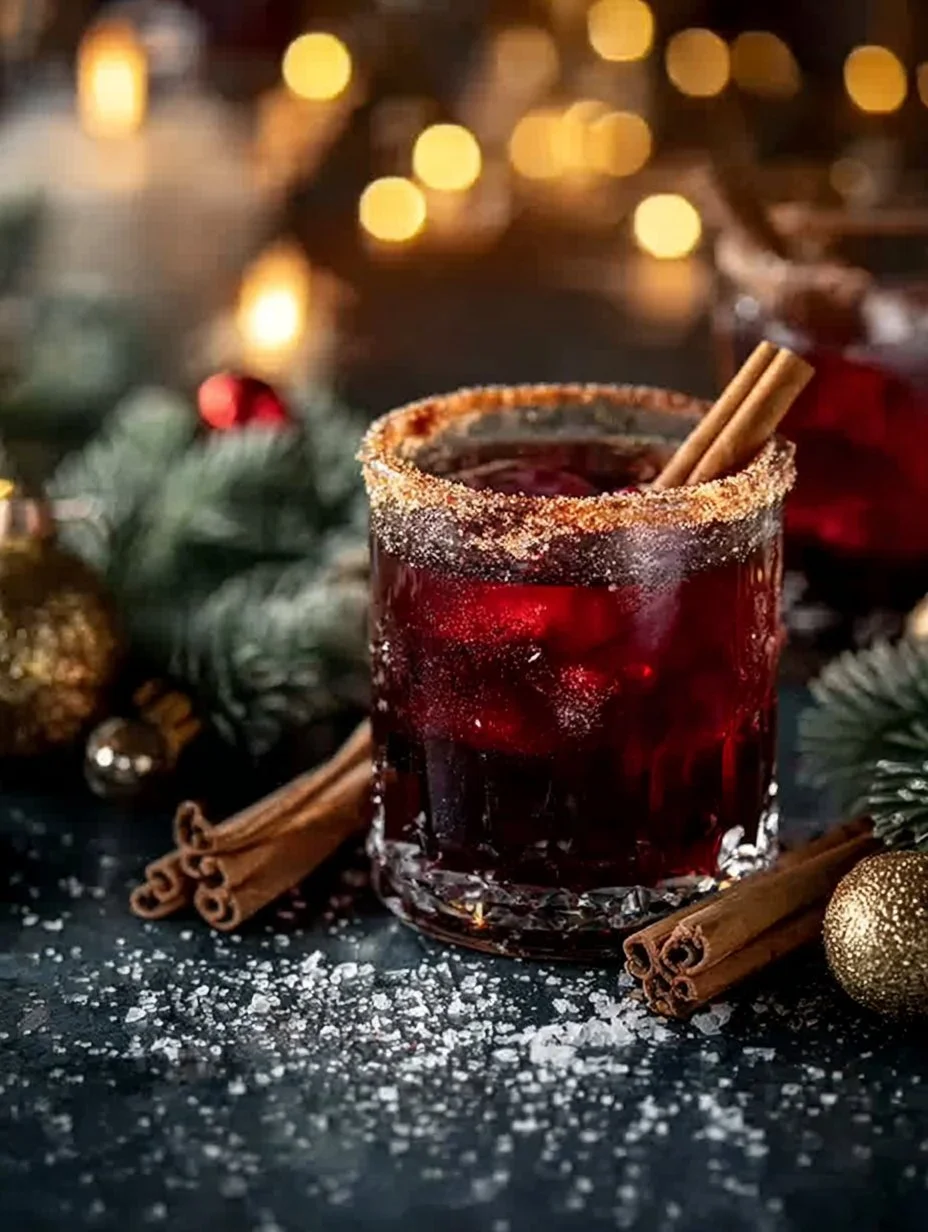 Margarita Especiada Navideña en un vaso con decoración festiva.