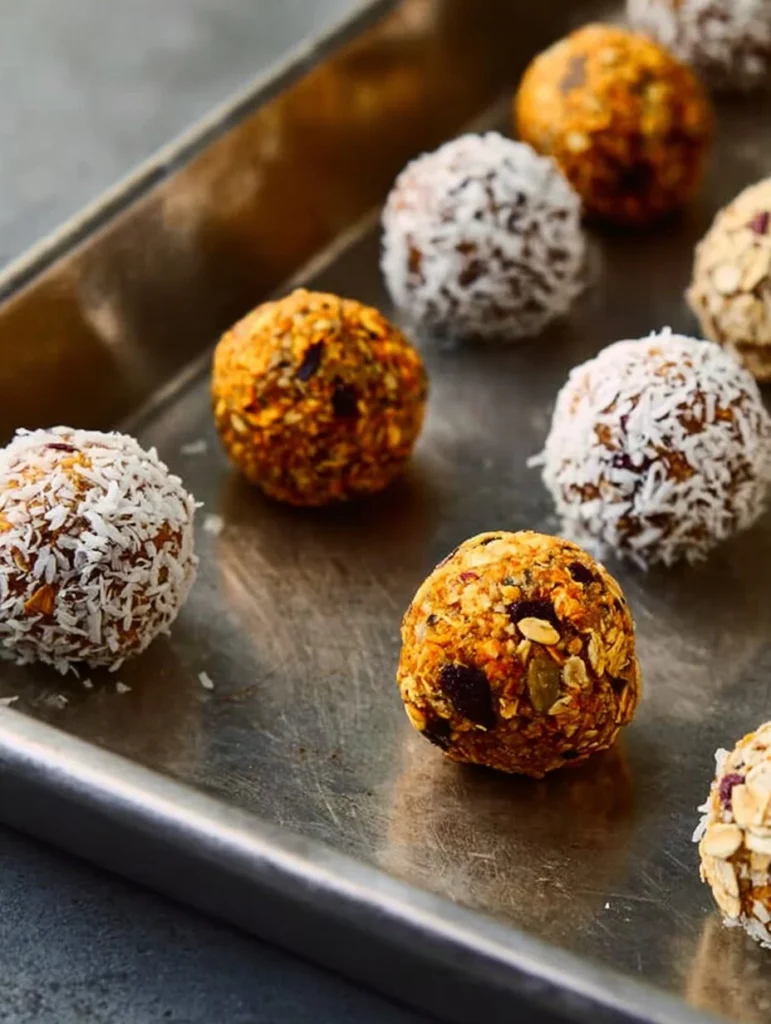 Snacks variados y energéticos, incluyendo bocado de pastel de zanahoria.