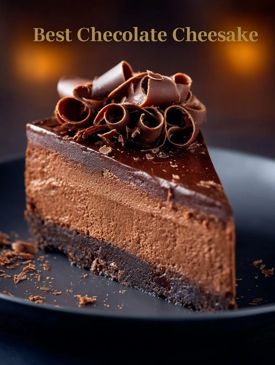 Cremoso cheesecake de chocolate decorado con salsa de chocolate y fresas.