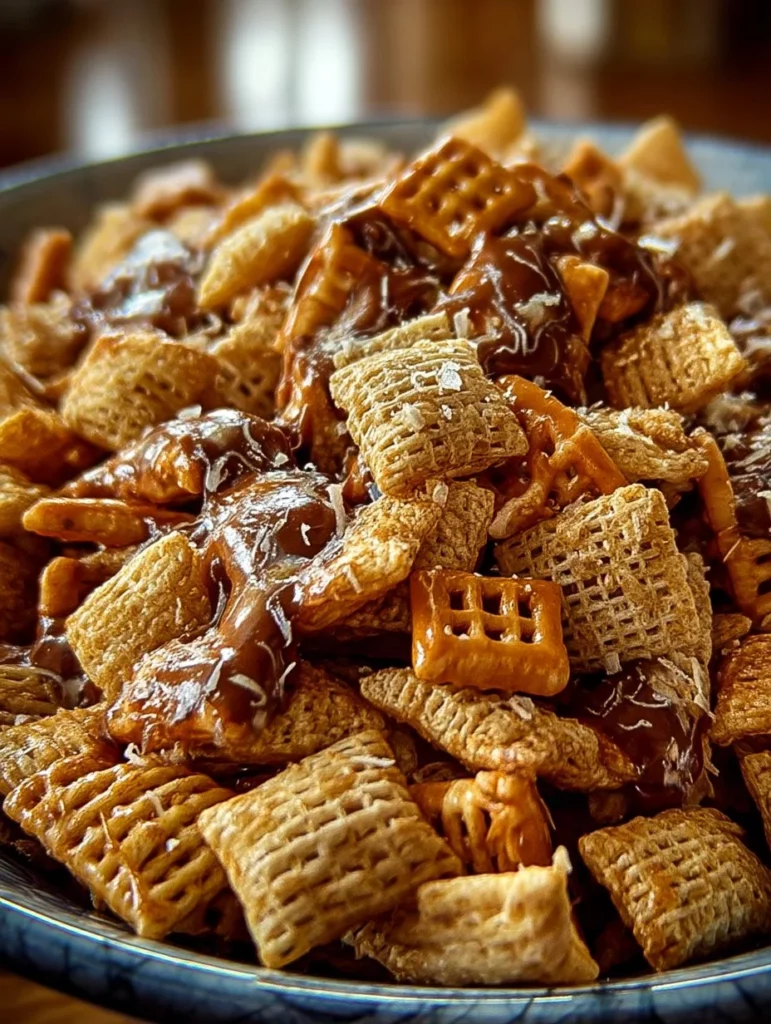 Deliciosa mezcla de Chex de Toffee lista para disfrutar como snack.