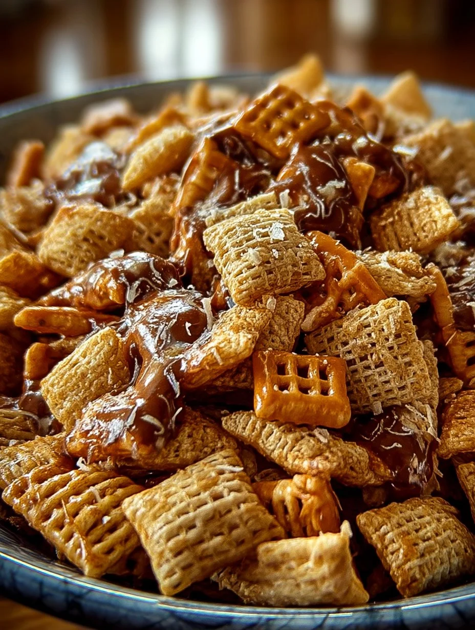 Deliciosa mezcla de Chex de Toffee lista para disfrutar como snack.