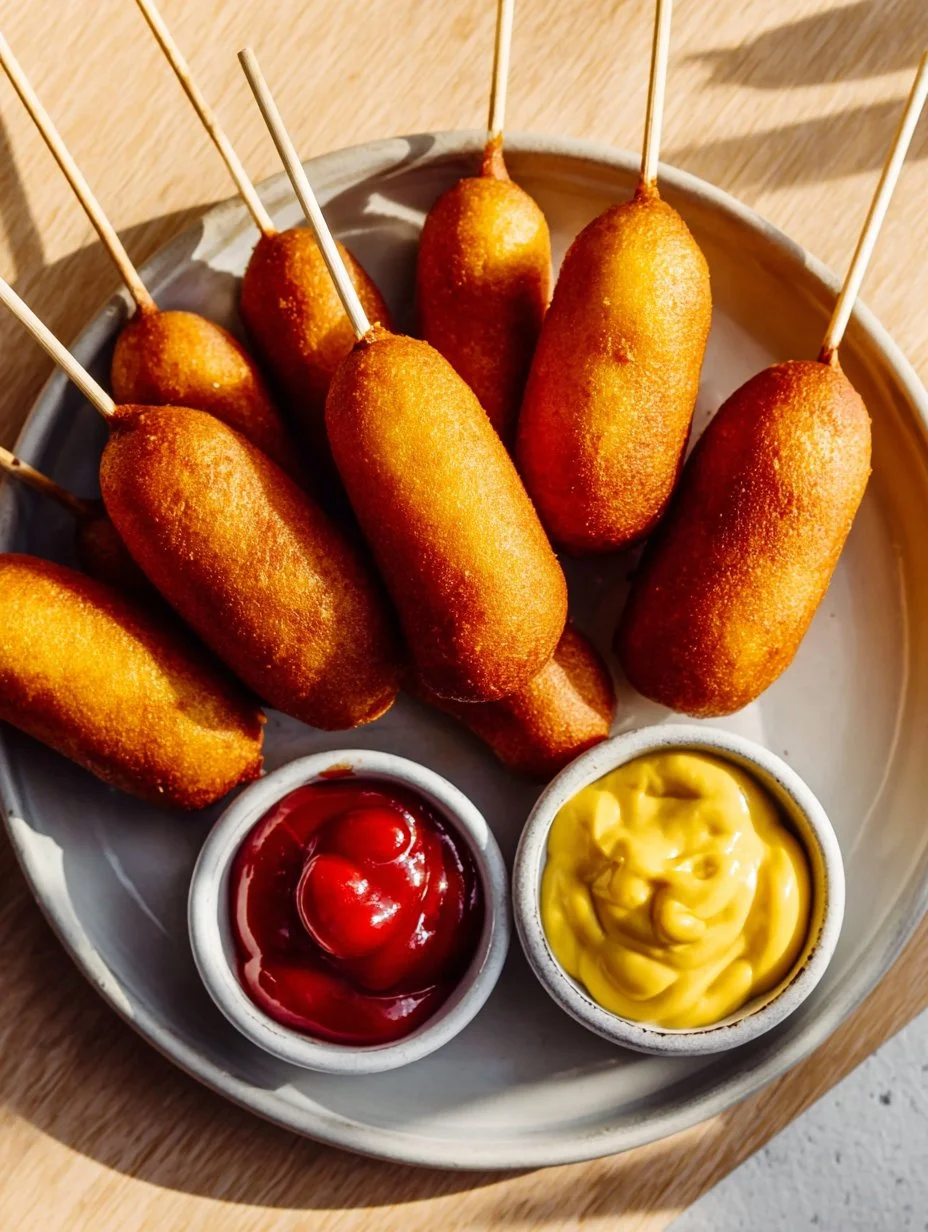 Mini perritos de maíz recién horneados servidos en un plato