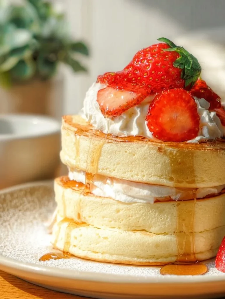 Pancakes soufflé japoneses esponjosos decorados con frutas y jarabe