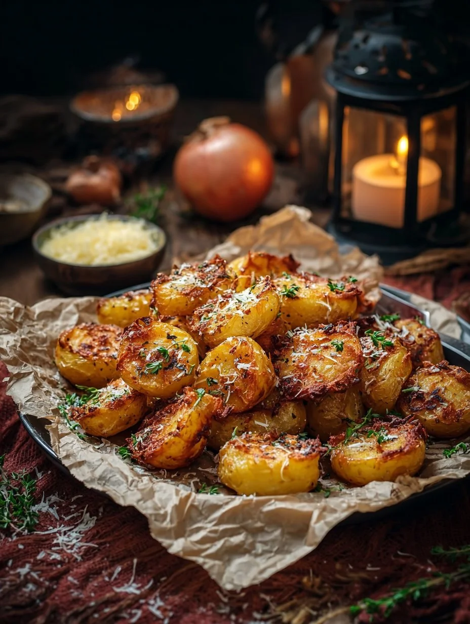 Papas al horno con parmesano crujiente y doradas en una fuente de cocina
