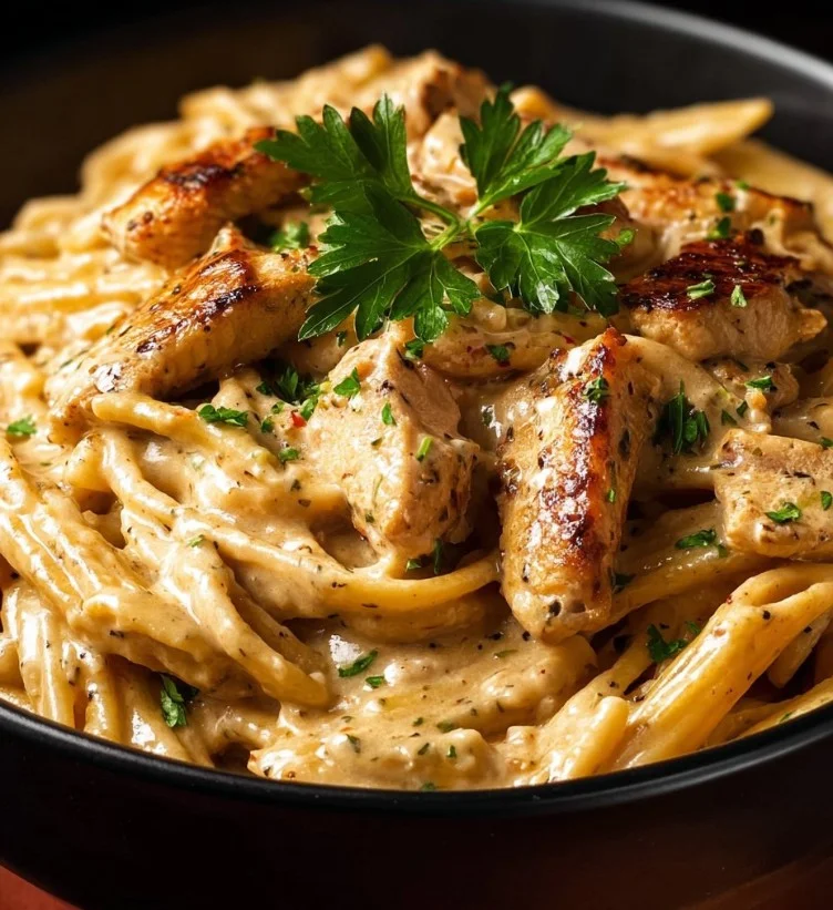 Pasta de pollo con salsa cremosa cajún en un plato atractivo