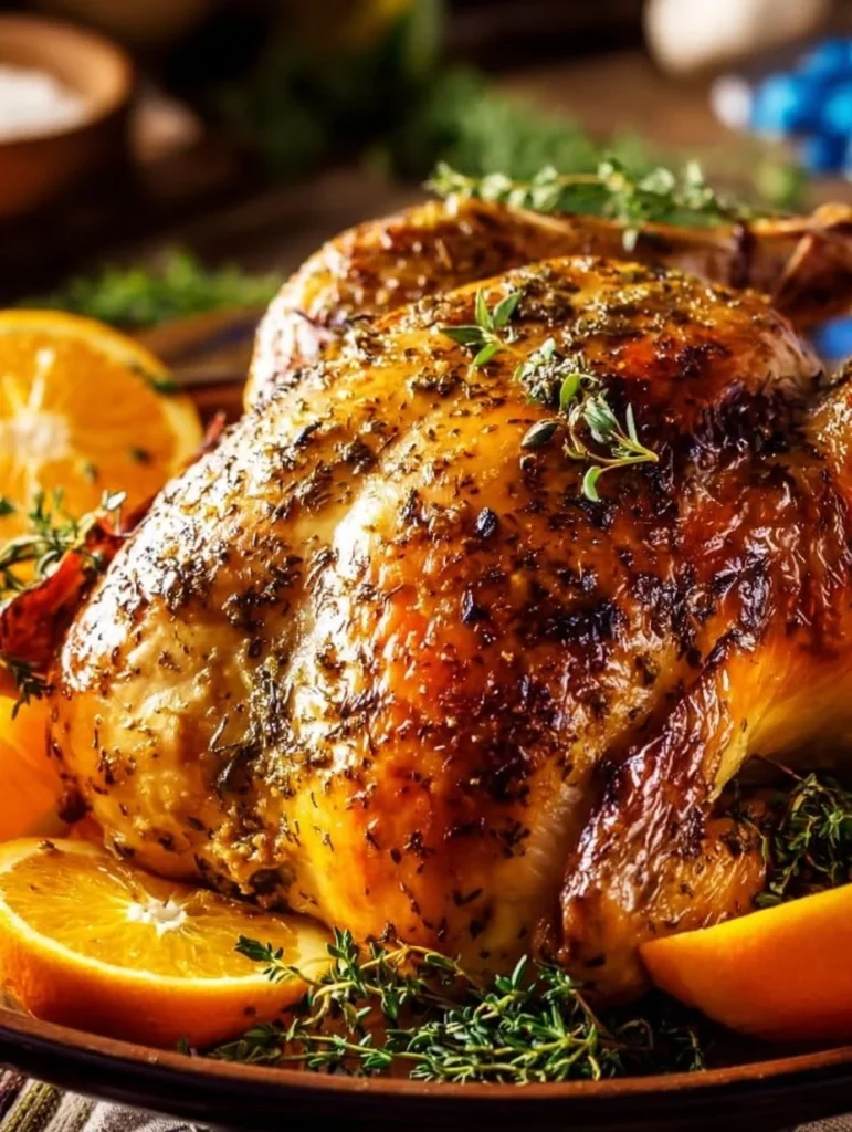 Pavo Asado con Mantequilla de Ajo y Hierbas en una mesa festiva