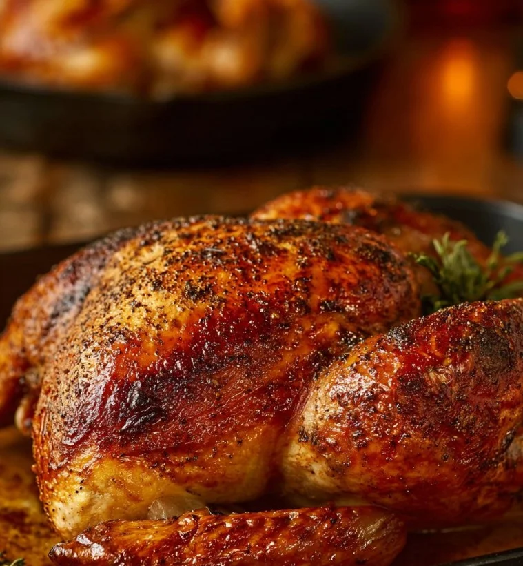 Pavo Asado con Mantequilla de Hierbas en un plato decorativo.