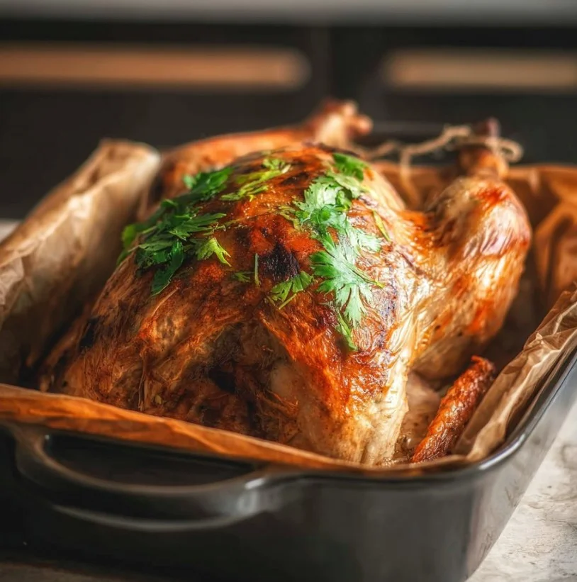 Pavo en bolsa cocinado y presentado de manera apetitosa.