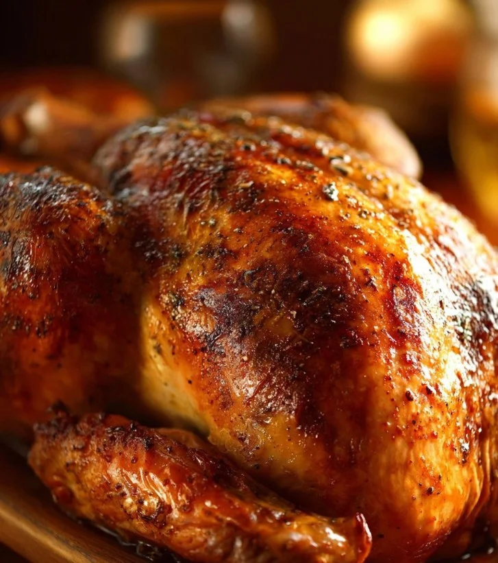 Pavo jugoso dorado listo para servir en mesa de Acción de Gracias