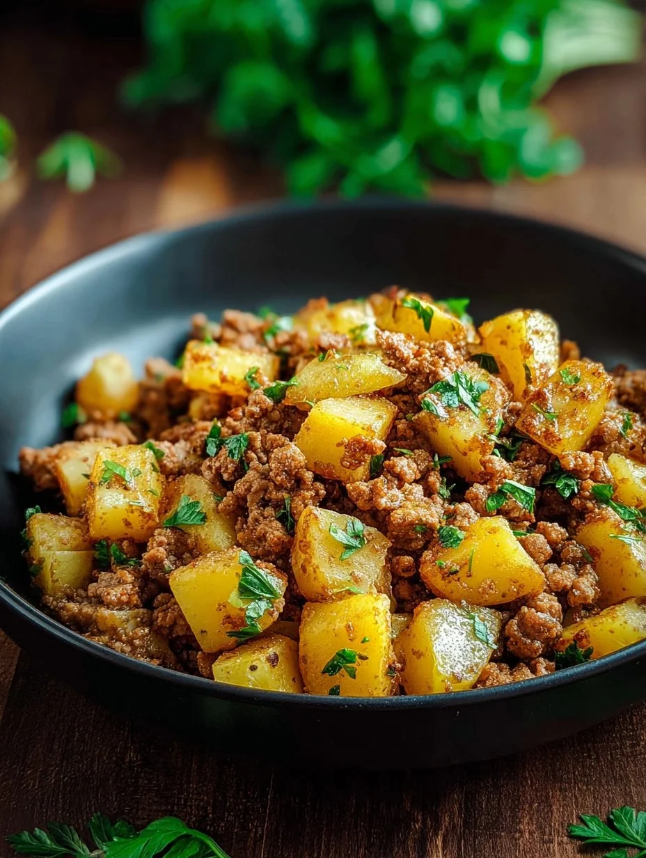 Pavo Molido con Papas cocinado en sartén, un plato sustancioso y delicioso.