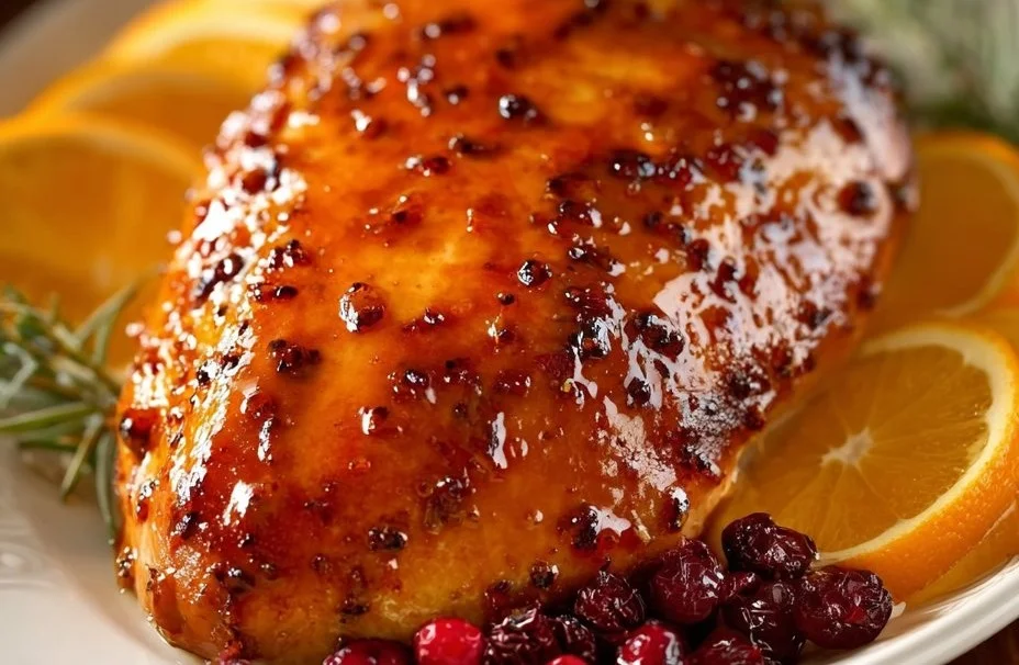 Pechuga de pavo glaseada con arándanos y naranja en un plato decorativo.